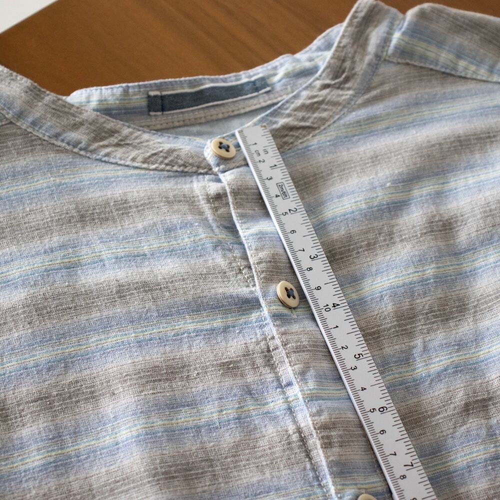 Caribbean Men SIZE XL Blue Linen Blend Stripe LS Button Up Shirt Band Collar - Picture 6 of 9